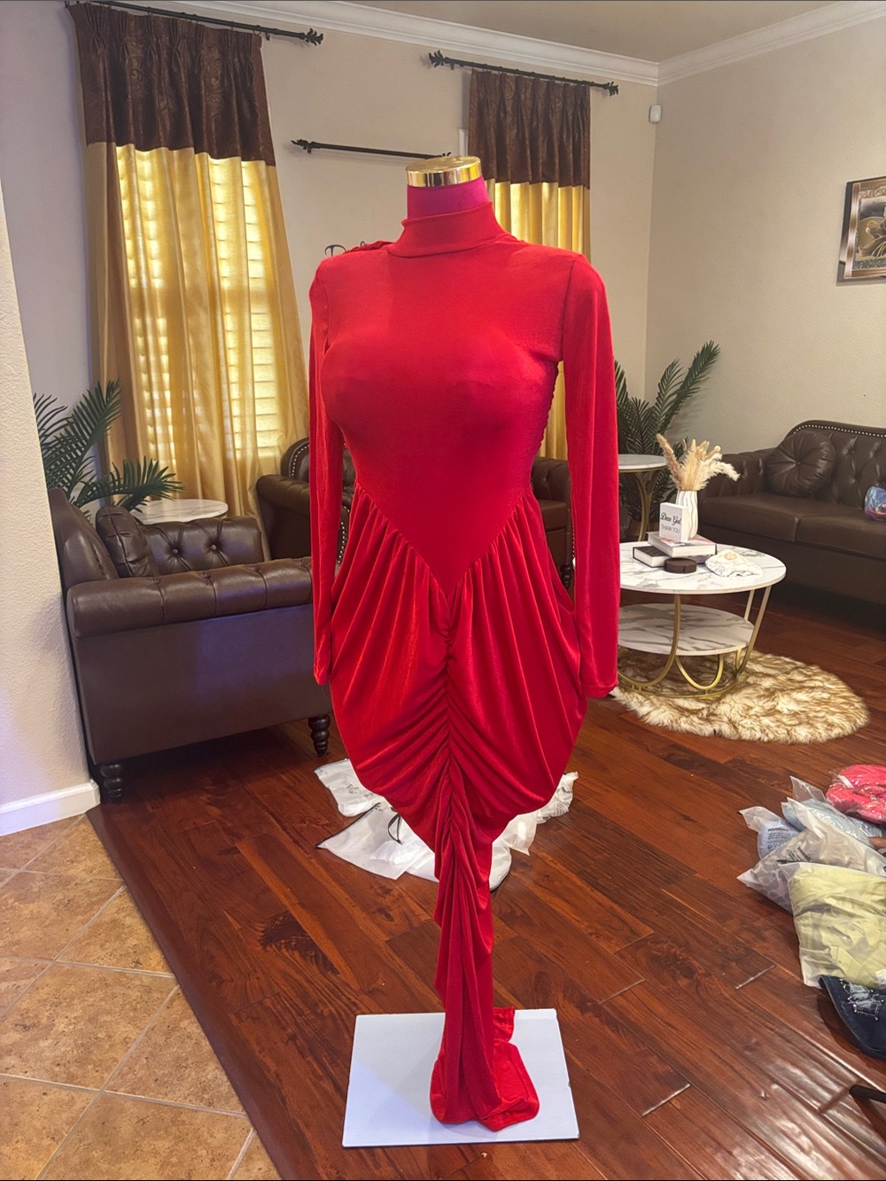 Elegant Red Long-Sleeve Ruched Turtleneck Midi Dress